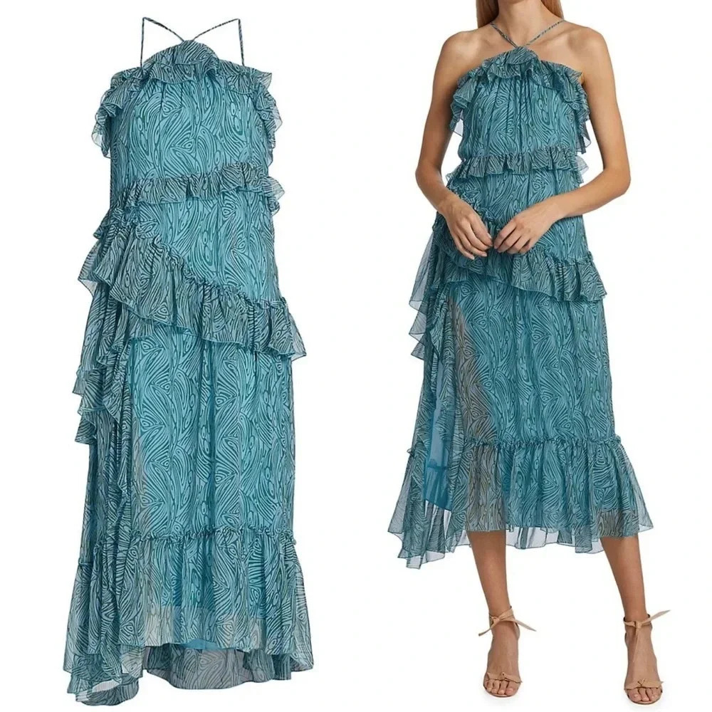 NWT Cinq a Sept Rayner Asymmetric Ruffle Midi-Dress - Abstract Asymmetric